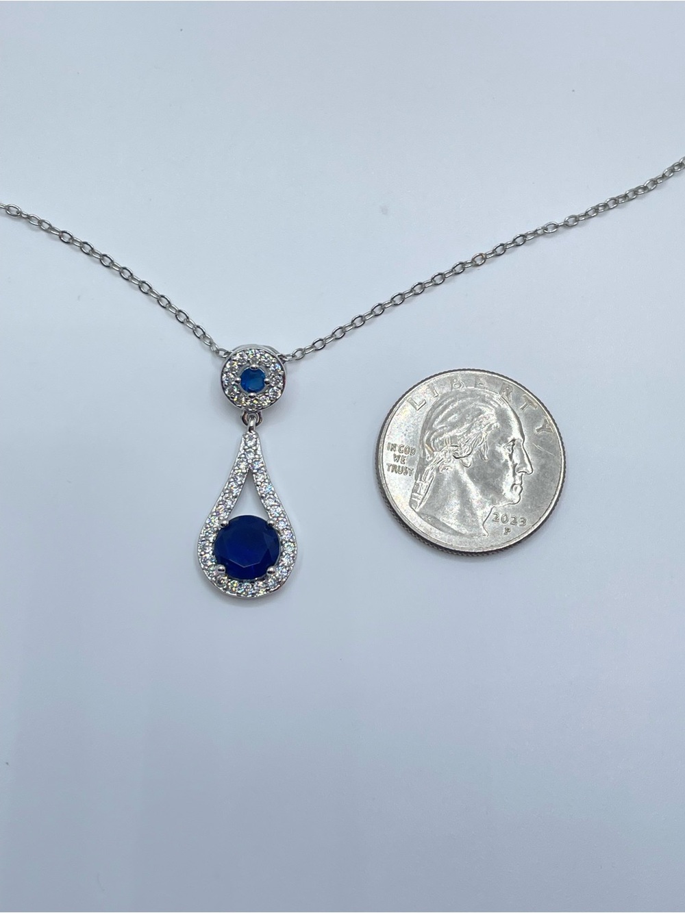 Silver Blue Crystal Glass Halo Teardrop Pendant Necklace Glam - Picture 3 of 5